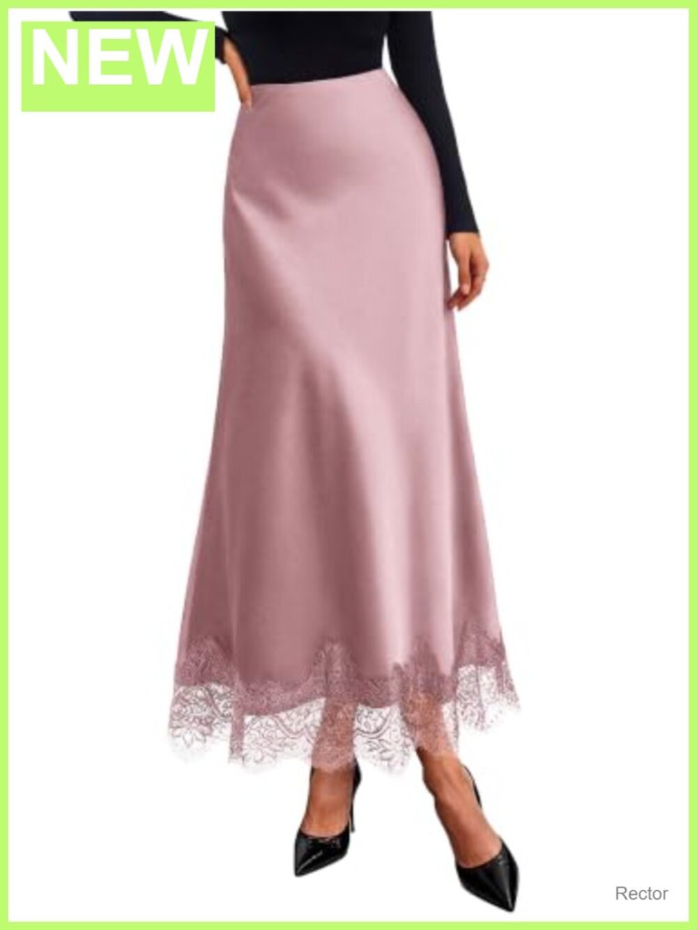 Lace Trim Satin A-Line Maxi Skirt High Waisted